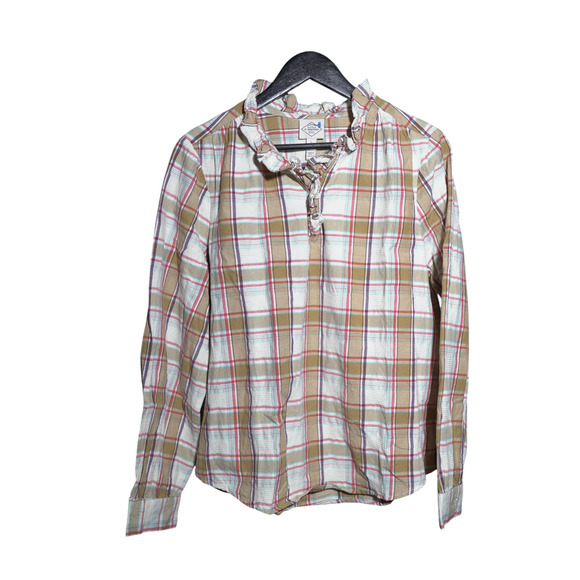 St. John's Bay Blouse Plaid Top Ruffled Neck Long Sleeve 100% Cotton Sz L EUC - Picture 3 of 8